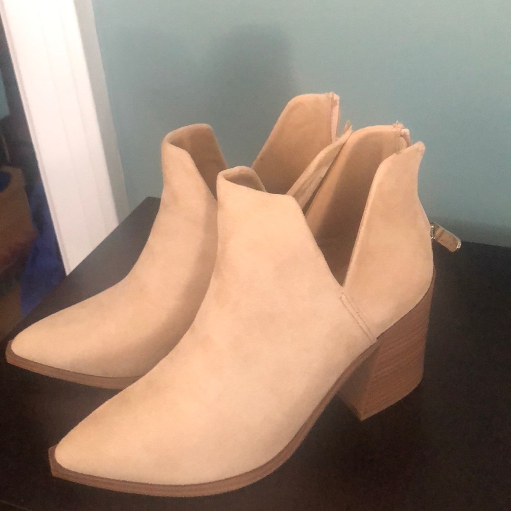 Size 6 1/2 light beige suede 2 inch heel boots with back zipper